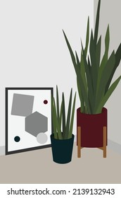 Vector flat image of a room with gray walls. Green home plants in colored pots and a frame. Design for postcards, posters, backgrounds, templates, textiles.