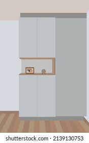 Vector flat image of a room in light colors. White cabinet with wooden shelf. White walls and wooden floor. Design for postcards, posters, backgrounds, templates, textiles.