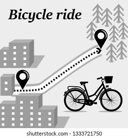 Vector, flat image of the route between the city and the forest. Bicycle trip from the city to the forest. Active rest on a bicycle.