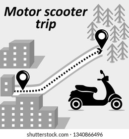 Vector, flat image of the route between the city and the forest. Motor scooter trip from the city to the forest. Active rest on a motor scooter.