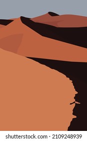 Imagen plana vectorial de un desierto arenoso con un cielo azul claro. Imagen tranquila del desierto en colores claros y oscuros. Diseño para carteles, postales, textiles, plantillas, fondos.