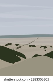Vector flat image of a sandy shore with wooden poles leading to the sea. Design for postcards, posters, backgrounds, templates, banners, textiles.