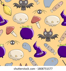 Vector, flat image, seamless pattern, background, cartoon wrapping paper. Pattern of Halloween witches set (witches hat, broom, potion pot, mushroom, skull, fingers, bat, spider).