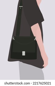 Vector flat image of a small bag on a long belt on a girl's shoulder. Small green bag. Design for postcards, posters, backgrounds, templates, banners, textiles. 