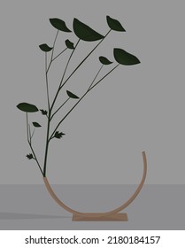 Vector flat image of a sprig on a gray background in a thin vase. A green plant in a semicircular thin vase. A piece of interior. Design for postcards, backgrounds, textiles, templates, posters.