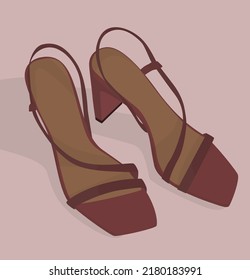 Vector flat image of summer women's shoes. Burgundy women's sandals with heels and thin straps. Design for postcards, posters, backgrounds. templates, textiles, banners.