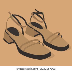 Vector flat image of summer women's shoes. Women's sandals with thin straps. Light shoes with dark soles. Design for postcards, posters, backgrounds, templates, banners, textiles.