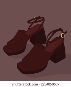 Vector flat image of summer women's shoes. Burgundy heeled sandals. Fashion footwear. Design for postcards, posters, backgrounds, templates, banners, textiles.