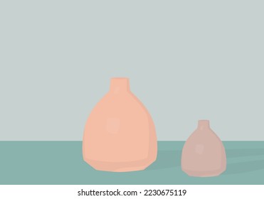 Vector flat image of a table with two vases. Image in pastel colors. Two small vases. Design of the day for cards, posters, backgrounds, templates, banners, textiles.