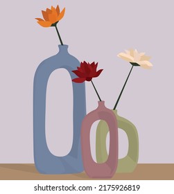 Vector flat image of three vases standing on the table. Vases with blooming flowers. Beautiful flowers in abstract vases. Design for postcards, posters, backgrounds, templates, textiles.