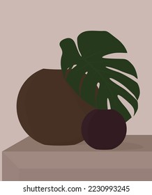 Vector flat image of two vases standing on the table. Vase with monstera leaf. Design for cards, posters, templates, banners, textiles, posters.