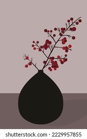 Vector flat image of a vase with a branch. Branch with red berries. Dark vase. Design for postcards, textiles, banners, posters, templates.