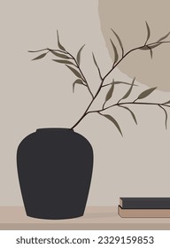 Vector flat image of a vase with a branch. Light picture. Design for postcards, templates, banners, backgrounds, textiles.