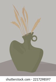 Vector flat image of a vase with dried flowers. Green vase with golden spikelets. A vase on a table against a gray background. Design for cards, posters, backgrounds, templates, banners.