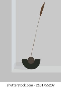 Vector flat image of a vase on a gray background. Designer original vase on a gray background with a long spikelet. Design for backgrounds, templates, textiles, cards, posters, banners.