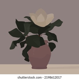 Vector flat image of a vase with a plant standing on the table. Beautiful flowers in a pot. Light image for postcards, backgrounds, templates, banners, textiles.