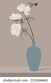 Vector flat image of a vase standing on a table with flowers. Beige flowers in a blue vase. Design for postcards, avatars, posters, backgrounds, templates, textiles.