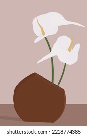 Vector flat image of a vase with white flowers. Table with a vase. Design for postcards, posters, backgrounds, templates, banners, textiles.