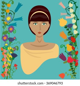 Vector flat image of woman clothed as a dryad, decorated with floral ornament and isolated on blue. Decoration of different places and products, as illustration for publishing and in wallpapering.