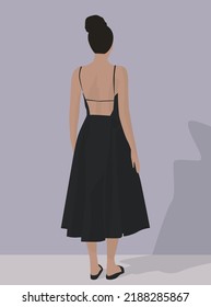 Vector flat image of a woman in a dark dress. Girl in a summer dress and open shoes. Evening dress. Design for open, avatars, posters, backgrounds, templates, textiles, banners.