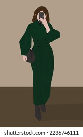 Vector flat image of a woman with a phone. A brown-haired woman in a long green coat, boots and a small bag. Design for avatars, posters, backgrounds, templates, banners, textiles, banners.
