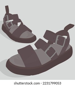 Vektorflaches Bild von Frauensandalen. Frauensandalen mit Riemen. Dunkle Sommerschuhe. Design für Postkarten, Poster, Hintergründe, Vorlagen, Banner, Textilien.