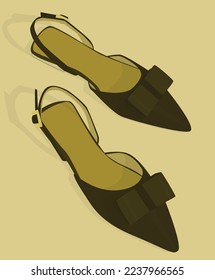 Vector flat image of women's sandals. Green sandals with a bow. Dark women's shoes open. Design for postcards, posters, backgrounds, templates, banners, textiles.