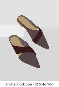 Vector flat image of women's summer shoes. Mules with low heels are two-tone: grey-burgundy. Lightweight summer shoes. Design for postcards, backgrounds, posters, templates, textiles.