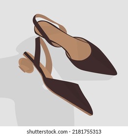 Imagen plana vectorial de los zapatos de verano de las mujeres con tacones y correa. Mulas de Borgoña con tacones redondos. Diseño para afiches, fondos, plantillas, textiles, carteles, tarjetas.