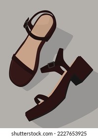 Imagen plana vectorial de los zapatos de verano de las mujeres. Sandalias oscuras con correas delgadas. Diseño para postales, fondos, plantillas, banners, textiles.