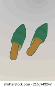 Vector flat image of women's summer-spring-autumn shoes. Beautiful women's green mules. Design for postcards, posters, backgrounds, templates, textiles, banners.