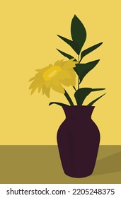 Vector flat image of a yellow flower in a vase. Purple vase on a yellow background with a plant. Design for cards, backgrounds, templates, textiles, banners, posters.