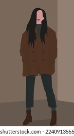 Vektorflaches Bild eines jungen und attraktiven Mädchens mit dunkellangen Haaren. Lady in einer Jacke, Pullover, Jeans und Stiefel. Design für Karten, Avatare, Poster, Hintergründe, Vorlagen, Banner.