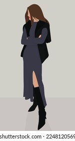 Vector flat image of a young and attractive girl in a long dress, boots and a sweater on her shoulders. Design for avatars, posters, backgrounds, templates, banners, textiles, postcards.