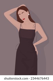 Vector flat image of a young and attractive lady in a summer sundress. Brown-haired woman with long hair. Design for postcards, avatars, posters, backgrounds, templates, banners, textiles.