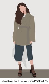 Imagen plana vectorial de una joven mujer de cabello marrón vestida con ropa de primavera otoño. Mujer con camiseta, chaqueta, falda, medias y sandalias. Diseño para avatares, carteles, fondos, plantillas, carteles, textiles.