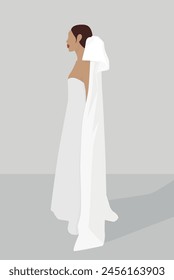 Vector flat image of a young brown-haired woman with her hair tied up. A girl in a simple white floor-length dress and veil. Design for backgrounds, cards, posters, banners, portraits, textiles.