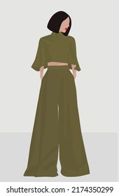 Vector flat image of a young business lady. A girl with short dark hair in a suit with loose pants and a T-shirt. Design for avatars, posters, backgrounds, templates, textiles, postcards.