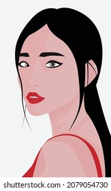 Vector flat image of a young girl with red lips in a red T-shirt. Black-haired lady. Design for cards, posters, backgrounds, templates, avatars, textiles.