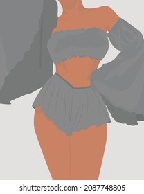 Vector flat image of a young girl in a revealing gray pajamas consisting of shorts and a top. Design for cards, posters, avatars, textiles, templates.