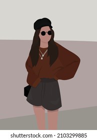 Imagen vectorial plana de una joven con sombrero, gafas, blusa, pantalones cortos. Una joven en un ambiente urbano en primavera y otoño. Diseño para tarjetas, carteles, avatares, plantillas, textiles.