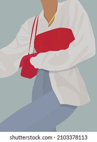 Imagen vectorial plana de una joven con blusa blanca, top roja, jeans, con una bolsa roja. Diseño para tarjetas, carteles, fondos, plantillas, textiles, avatares.