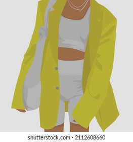 Vector flat image of a young girl. A girl in a top, short leggings, a jacket and a large bag. Design for postcards, posters, avatars, backgrounds, templates, textiles.