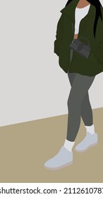 Imagen vectorial plana de una joven vestida con un estilo deportivo. Una chica con una chaqueta corta, camiseta, piernas y zapatillas. Diseño para avatares, textiles, carteles, fondos, plantillas.