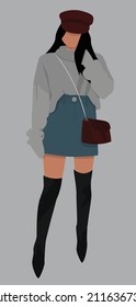 Vector flat image of a young girl in long boots, a short skirt and a sweater. Dark-haired girl in a burgundy hat. Design for postcards, posters, backgrounds, avatars, textiles, templates.