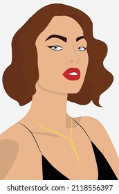 Vector flat image of a young girl with red lips. Portrait of an attractive girl with short brown hair. Design for postcards, posters, backgrounds, avatars, textiles, templates.