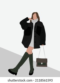 Imagen plana vectorial de una joven con un vestido gris, botas largas verdes, un abrigo oscuro y un bolso de mano. Una chica con un traje cálido y acogedor. Diseño para postales, afiches, fondos, avatares.