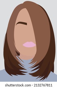 Vector flat image of a young girl. Portrait of a woman with brown hair in a blue sweater. Design for avatars, posters, backgrounds, templates, textiles, cards, t-shirts.