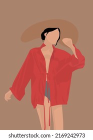 Vector flat image of a young girl in a summer outfit and a hat with large brim. Lady in a bathing suit and a red cape. Design for postcards, avatars, posters, backgrounds, templates, textiles, portrai