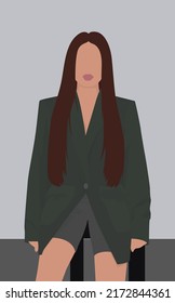 Vector flat image of a young girl with long brown hair. Lady in a dark green jacket and shorts. Design for postcards, avatars, posters, backgrounds, templates, textiles, banners.